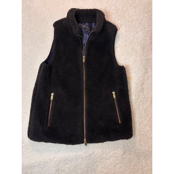 J.Crew Womens Black Sherpa Fleece Vest With Gold Zippers Size XS Cozy Outerwear - Picture 3 of 9